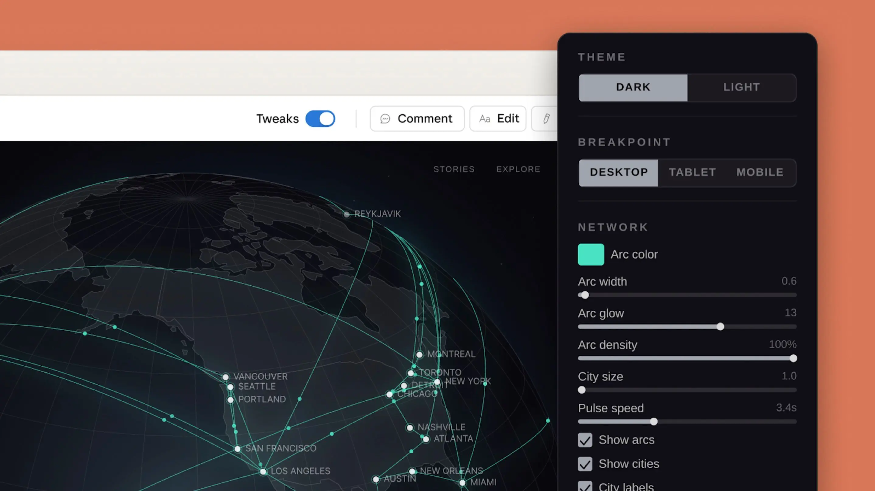 Claude Design Tweaks mode — live slider controls for theme breakpoint arc color width glow density